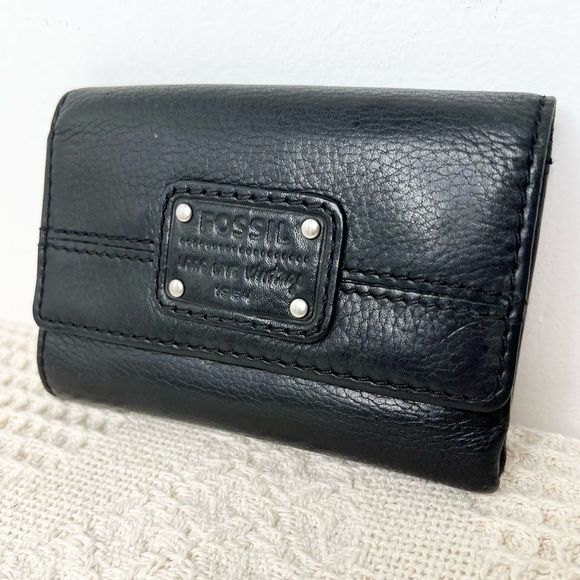 Fossil Handbags - Fossil Mercer Flap Multifunction Wallet Black Pebble Leather Trifold